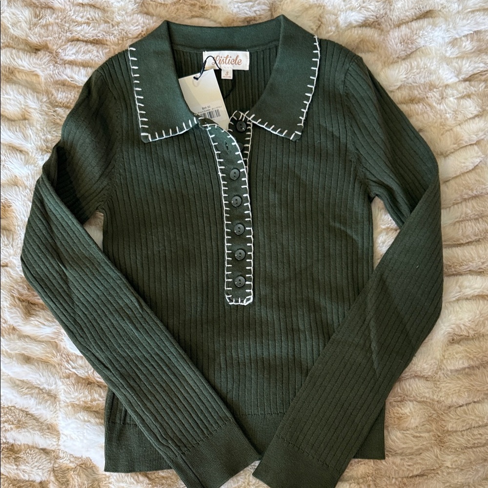Listicle Olive Ribbed Polo with White Contrast Stitching
